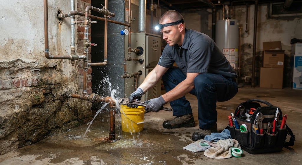 Leak detection technician inspecting water source